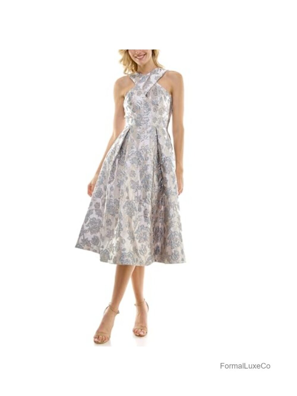 Brocade Jacquard Halter Midi Dress Women's Cocktail Cocktail
